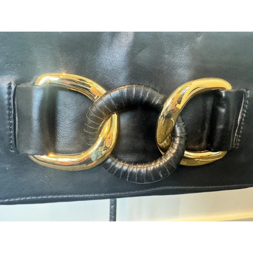 Michael Kors Black Leather Shoulder Bag Gold Interlocking Ring Detail Clutch - Picture 2 of 10